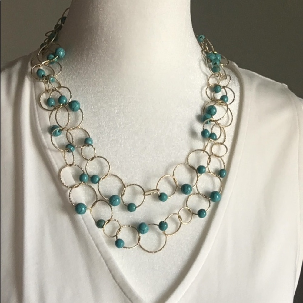 Anne Klein Gold Tone and Turquoise Bead Hammered Circle Link Chain Necklace